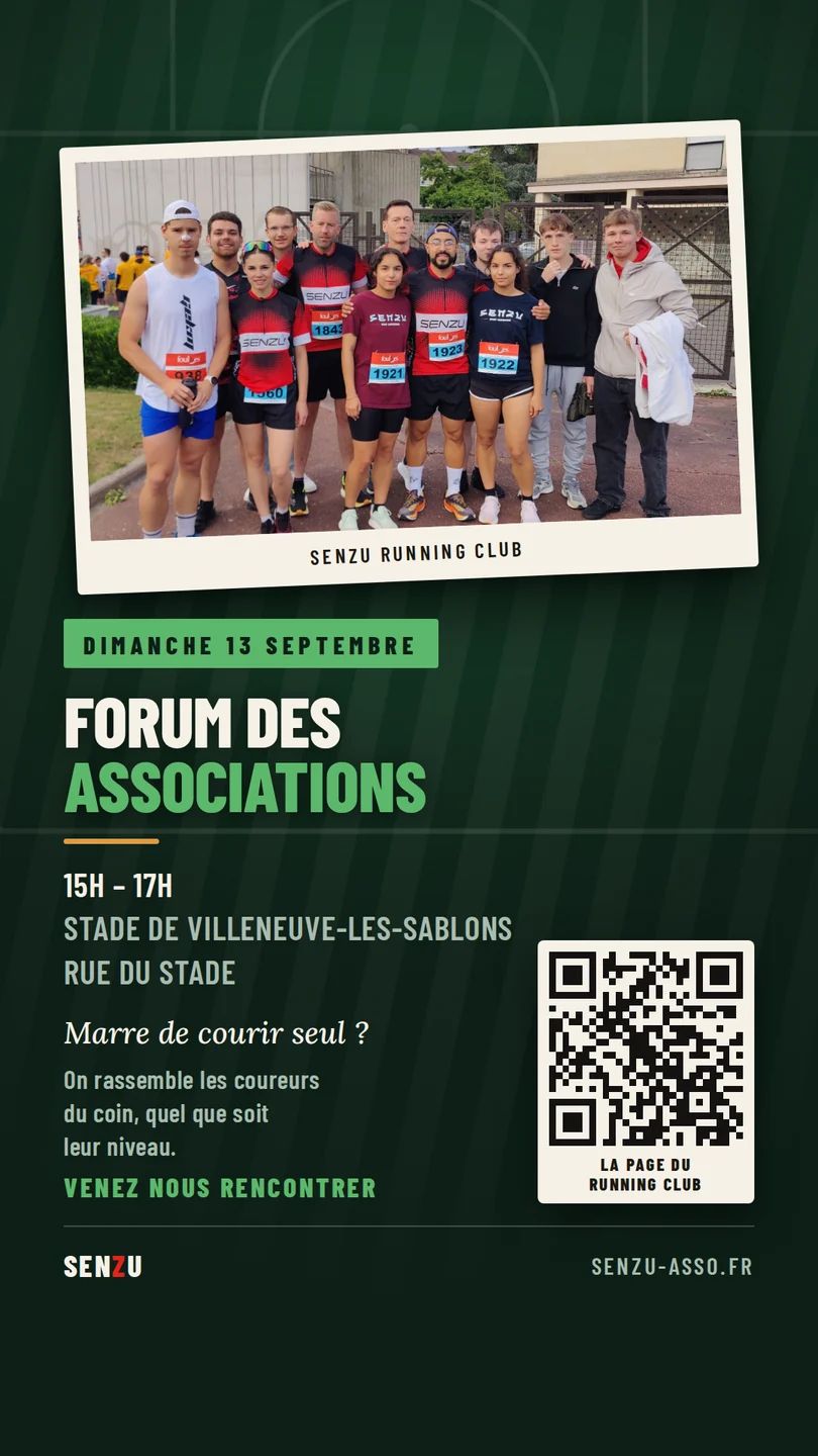 Affiche SENZU Running Club : forum des associations de Villeneuve-les-Sablons, dimanche 13 septembre, 15h-17h au stade