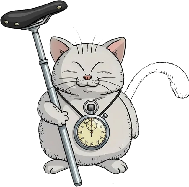 Maître Karin, le chat gardien du chrono, appuyé sur une tige de selle, chronomètre autour du cou